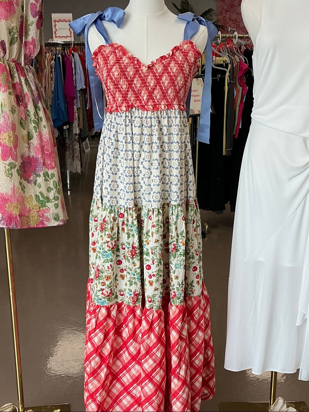 Free People Red, Blue, White Floral Patchwork Maxi Dress